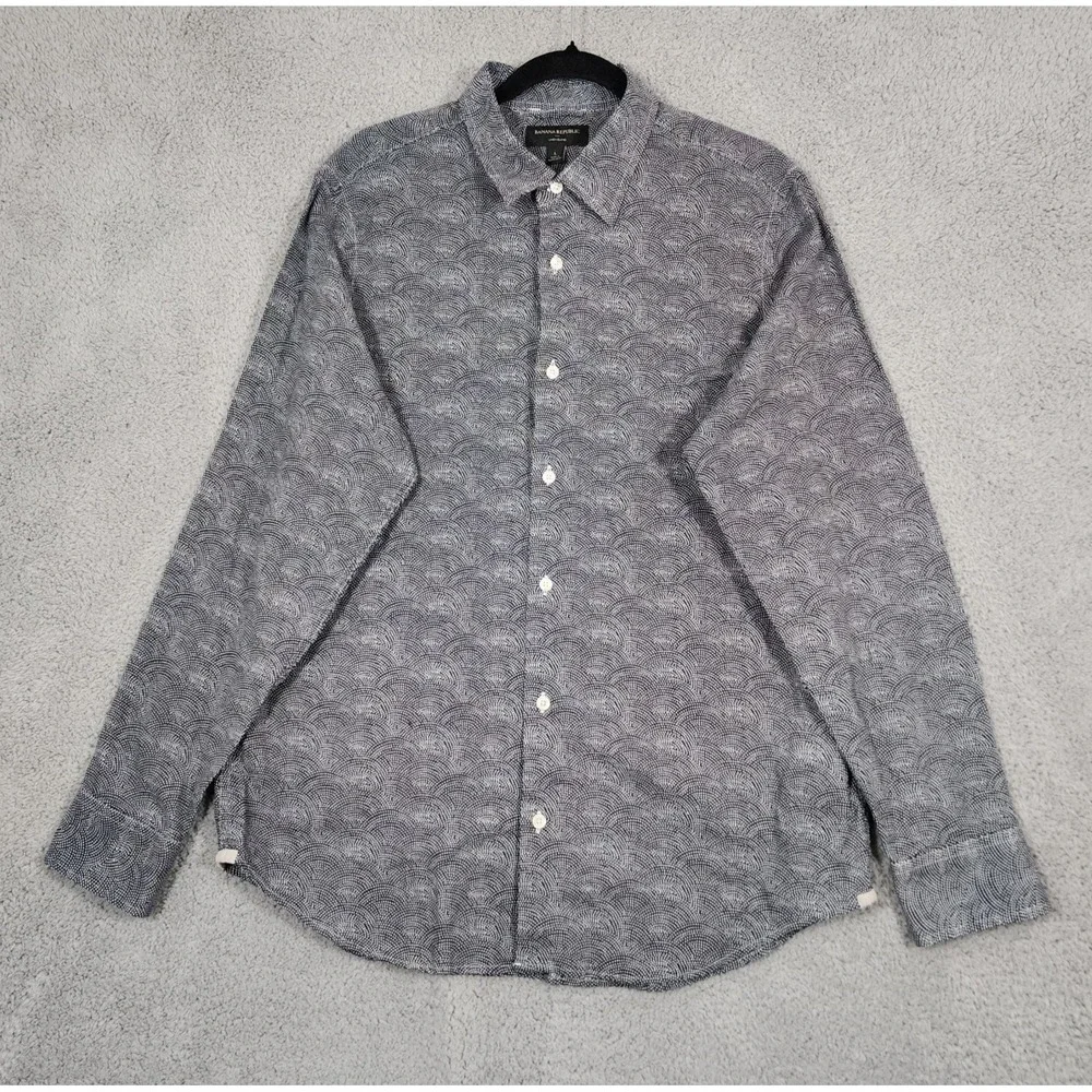 Banana Republic Shirt Men L Linen Blend Black White Dotted Wave Pattern Party